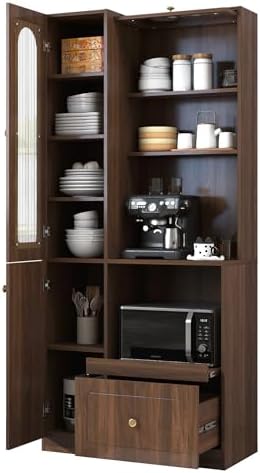 KEIKI 70.87" H Tall Kitchen Pantry Storage Cabinet with Countertop, Glass Doors, Drawers, Microwave Stand & Pull-Out Shelf, Freestanding Wood Hutch Food Pantries Cupboard for Coffee Bar, Dining Room