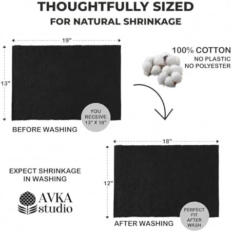 100% Cotton Ribbed Placemats - Set of 8-13 x 19 Inches - Black - Everyday Cloth Table Mats - Thick Construction, Washable & Reusable Cloth Place Mats - by AVKA Studio