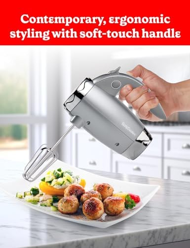 BETTY CROCKER Hand Blender 7 Speed, 250 Watt Electric Mixer with Beaters and Dough Hooks, Ergonomic Electric Hand Mixer for Home & Kitchen with Stand and Soft Touch Handle, Silver