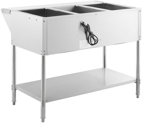 3-Pan Electric Steam Table, Stainless Steel, 120V 1500W, Open Well with Undershelf, 43x30x34 Inches, Commercial Food Warmer for Indoor Use