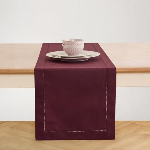 Solino Home Cotton Linen Table Runner Wine, Hemstitch Collection 14 x 90 in