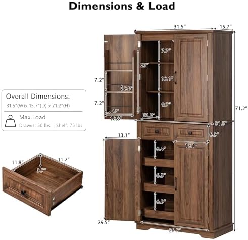 Merax Tall Kitchen Pantry Cabinet with Pull Out Shelves, Brown