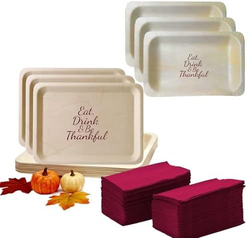 Perfect Stix Thanksgiving Plates and Napkins Set – 25 Large 10-Inch & 25 Small 7-Inch Eco-Friendly Wooden Plates with 50 Burgundy 2-Ply Dinner Napkins –Thanksgiving & Friendsgiving Gatherings