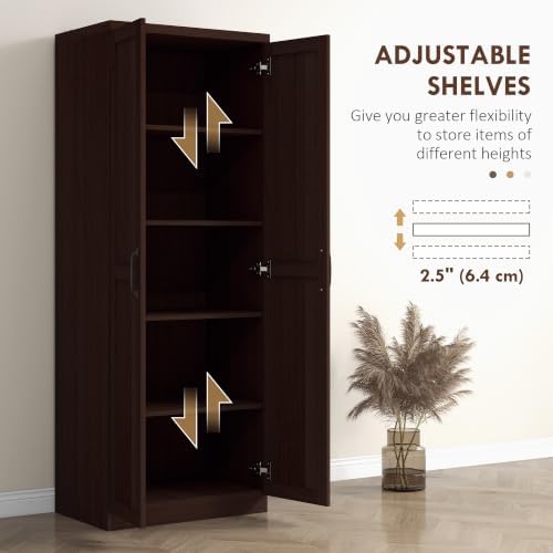 HOMCOM 63" Kitchen Pantry Cabinet with Doors and Adjustable Shelves, Cherry