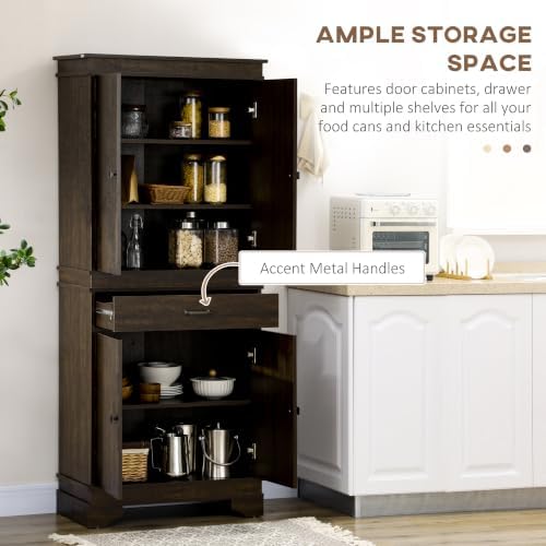 HOMCOM 72" Farmhouse Kitchen Pantry 4-Door Rustic Storage Cabinet Walnut