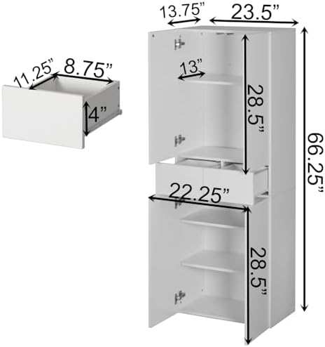 67-Inch Multi-Functional Kitchen Pantry Cabinet with 4 Doors, 3 Adjustable Shelves, 2 Cabinets with 1 Drawer – Elegant Freestanding Farmhouse Storage for Kitchen, Dining and Living Room (White)