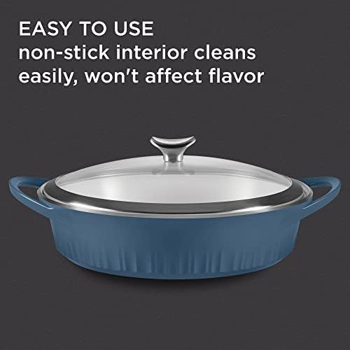 CorningWare QuickHeat 4-QT Cast Aluminum Braiser With Lid, Nonstick Ceramic Interior, Lightweight and Fast Even Heat Baking & Cooking, For Meats, Soup, Browning, Searing, French Navy