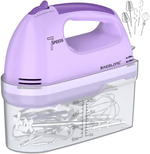 BAIGELONG Hand Mixer. 7-Speed Adjustable Kitchen Electric Mixer. With 5 Stainless Steel Attachments: 2 Hooks, 2 Beaters, 1 Whisk. Comes 1 Storage Box. Perfect for Bakers and New Starters. Purple