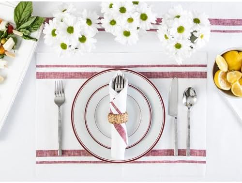 Solino Home 100% Pure Linen Napkins, 20 x 20 in, Burgundy Striped, Set of 4