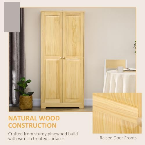 HOMCOM 67" Solid Wood Kitchen Pantry Storage Cabinet with Doors Light Brown