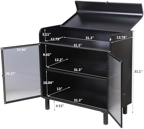 KEIKI 31" Kitchen Pantry, Modern Sideboard Buffet Cabinet with Figured Glass Doors & Flip Top & Open Shelves, Spacious Industrial Metal Organizer for Living Room & Kitchen