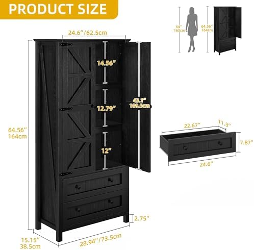 DWVO 64.5" Farmhouse Pantry Cabinet with 2 Drawers & Shelves, Oak Black