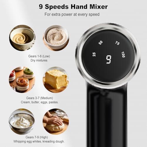 Camic Electric Hand Mixer with 9 Speeds, Powerful Motor, Cordless Hand Mixer with Whisk, Dough Hook and Mixing Rod for Whipping Eggs, Cream, Butter, Jam, Kneading Dough and Blending (White+Black)