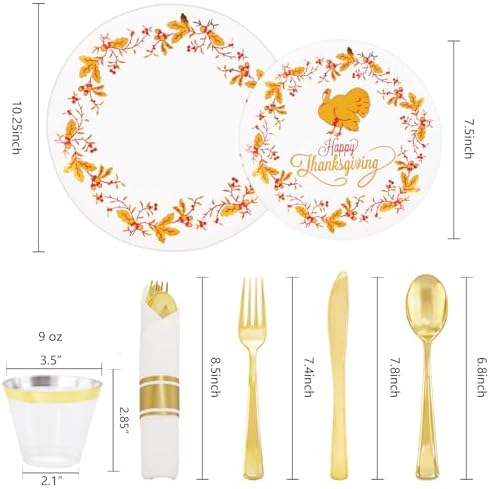 Ciaell 175PCS Thanksgiving Plastic Plate - Disposable Dinnerware Set - Gold Disposable Plastic Plates include 50Plates, 75Silverware, 25Cups, 25Napkins for Thanksgiving & Party