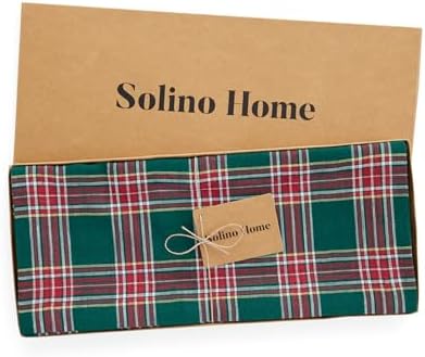 Solino Home 100% Pure Linen Dining Table Runner Green Plaid, 14 x 60 in