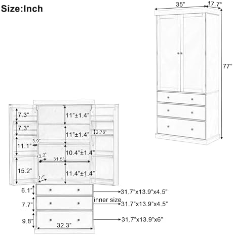 Merax 77" Tall Kitchen Storage Cabinet Pantry Farmhouse Freestanding Large Cupboard with 3 Drawers,Adjustable Shelves,8 Door-Shelf for Dining Room