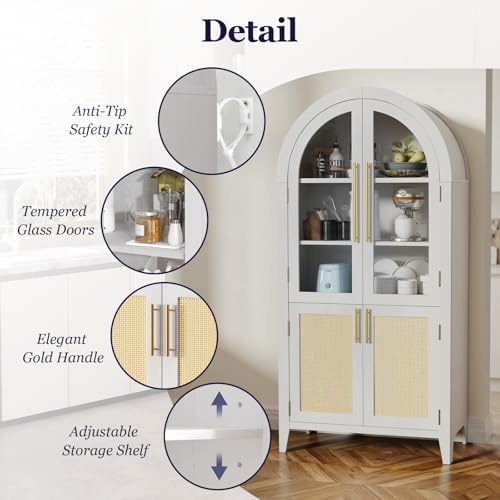 63" Tall Arched Cabinet with Glass Doors, Kitchen Pantry Storage Cabinet with Dust-Proof Rattan, 5-Tier Curio China Cabinet with Adjustable Shelves for Living Room Dining Room, White