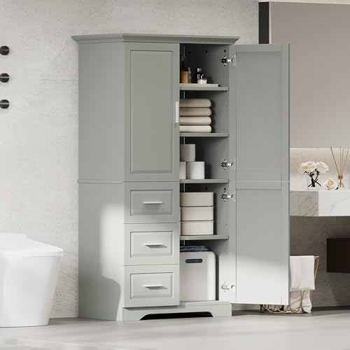 Merax 62.2" Pantry Cabinet with Three Doors & Three Drawers, Adjustable Shelves Storage Cupboard for Kitchen/Dining Room/Bathroom, Gray