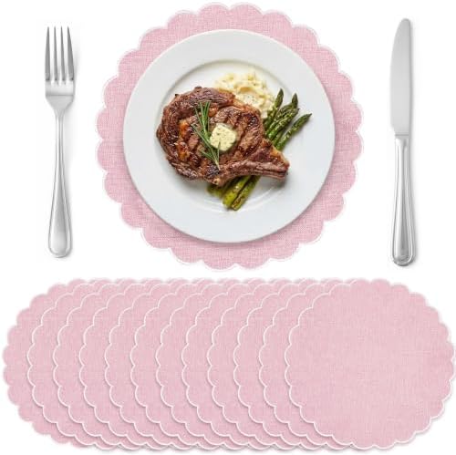 Set of 12 Pink Cotton Placemats 15" Round Scalloped White