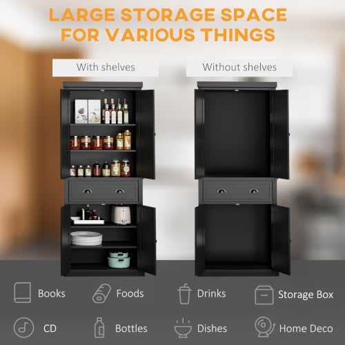 HOMCOM 72.5" Kitchen Pantry Cabinet Freestanding 4 Doors Black