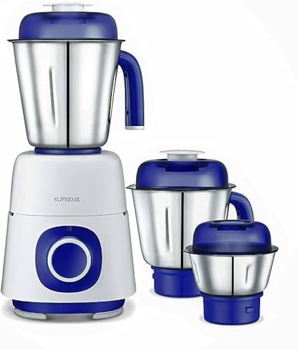 Judge Supreme Wet and Dry Mixer Grinder 3-Jars Strong 750 Watts Motor, Stainless Steel Jars and Modern Design, 110v for USA, blue