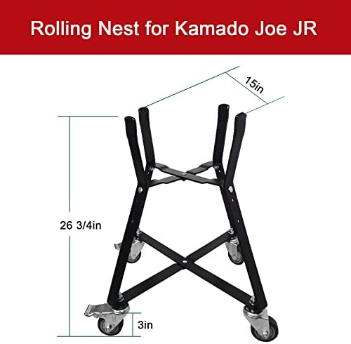 Rolling Cart for Kamado Joe Junior 13.5" Grill Stand for Kamado Joe Accessories, Rolling Nest with Heavy Duty Locking Caster Wheels Powder Coated Steel for Smoker Kamado Grill Stand Black