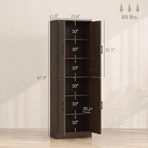 HOMCOM 67" Freestanding Kitchen Pantry 4-Door Cabinet Distressed Brown