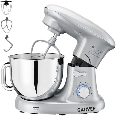 Garvee 5.3 QT Tilt-Head Stand Mixer, 500W Motor, 10-Speed Electric Kitchen Mixer with Stainless Steel Bowl, Dough Hook, Flat Beater & Wire Whisk for Bread Dough, Cake, Cookies & Pizza, Silver