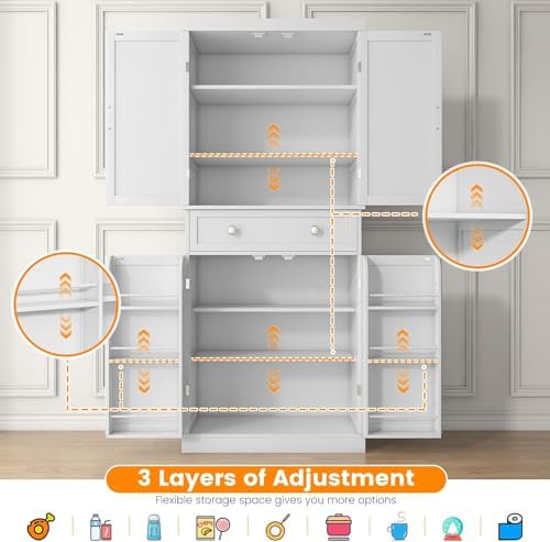 kepptory 72" Tall Kitchen Pantry Cabinet, Freestanding Storage Cabinet with Barn Doors and Drawer, Farmhouse Pantry Cupboard with Adjustable Shelves for Kitchen and Dining Room, White