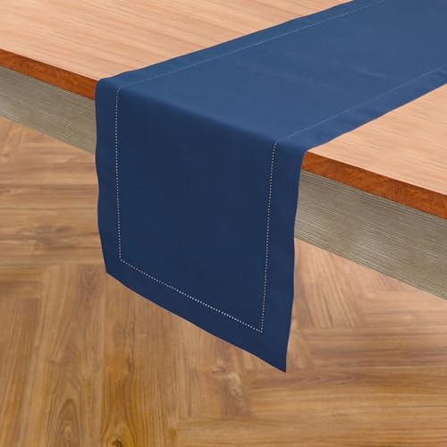 Solino Home Cotton Linen Table Runner Lapis Blue Hemstitch, 14 x 120 in