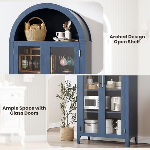 Garvee Arched Cabinet with Glass Doors, 5-Tier Kitchen Pantry Cabinet with Adjustable Shelves, Farmhouse Display Storage Cabinet for Dining Room, Living Room, Blue