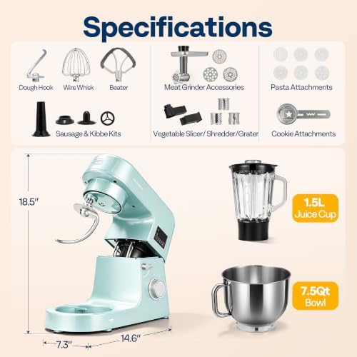 VIVOHOME 9-in-1 Stand Mixer with Fermentation & Timer, 7.5-Quart, Blue