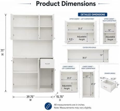 Basicwise Kitchen Storage Hutch with Doors & Shelves - 71 Inch Tall Wood Organizer, Deep Cupboard with Drawers, Modern Freestanding Unit for Dining Room, Bathroom, White - Versatile Pantry Cabinet