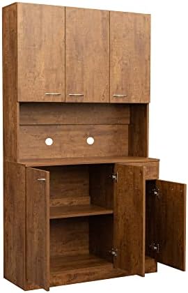 Ball & Cast 71" Pantry Cabinet,Tall Kitchen Pantry Storage Cabinet with Microwave Stand, Modern Kitchen Hutch Cabinet with 6 Doors,1 Drawer & Open Shelves for Living Room,Dining Room,Walnut