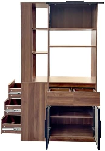 KEIKI 70.87" Tall Kitchen Pantry Storage Cabinet with 5 Drawers, Side Shelves, Glass Doors & Microwave Stand, Freestanding Wood Hutch Food Pantries Cupboard Organizer for Entrance Dining Room, Hallway