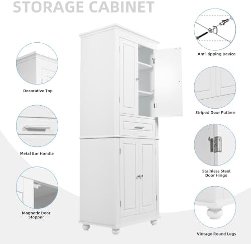 Merax 63" Pantry Cupboard with Four Doors & One Drawer, Bathroom Storage Cabinet with Adjustable Shelves for Home/Living Room/Dining Room/Kitchen, White