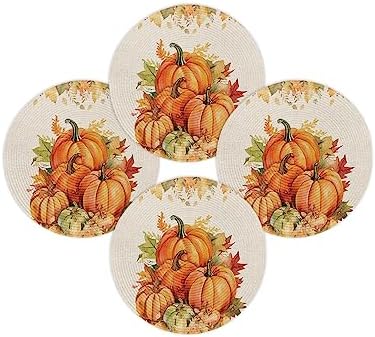 Fall Round Placemats Set of 4 Orange Pumpkin Thanksgiving Place Mats Washable Woven Placemat Autumn Maple Leaf Circle Braided Table Mat for Kitchen Dining Table Holiday Party Decorations 15 Inch