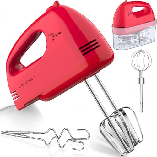 LILPARTNER Electric Hand Mixer with Storage Box, Ultra Power Kitchen Hand Mixer With 7-Speed & 5 Stainless Steel Accessories for Whipping Dough, Cream, Cake, Dishwasher Safe, LIGHT RED BOX