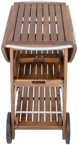 Merax Outdoor Acacia Wood Bar Cart Aluminum Accents with Drop Leaf and Removable Trays for Garden,Patio