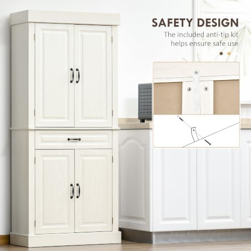 HOMCOM 71" Freestanding Kitchen Pantry Cabinet 4 Doors Distressed White
