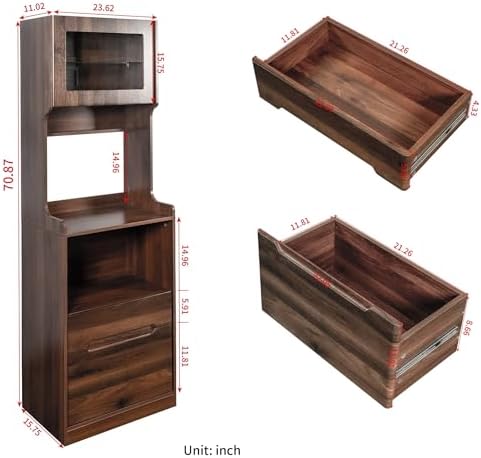 KEIKI 70.87" Tall Kitchen Pantry Storage Cabinet with Countertop, Glass Doors, Drawers, Microwave Stand and Shelves, Freestanding Wood Hutch Food Pantries Buffet Cupboard for Coffee Bar, Dining Room