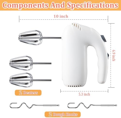 300W Hand Mixer Electric Handheld, 5 Speed Lightweight Kitchen Blender, Turbo Boost/Self-Control Speed Hand Held Beater Mixer with 4 Stainless Steel Whisks for Baking Cakes Eggs Cream, White
