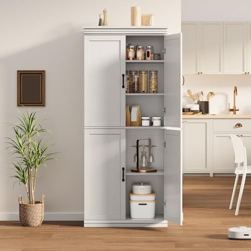 70 Inch Tall Pantry Cabinet, Wood Kitchen Storage Cabinet with 4 Doors & Adjustable Shelves, Modern White Pantry Organizer Cupboard for Dining Room, Living Room