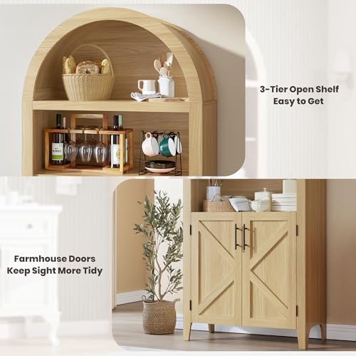 Arched Kitchen Pantry Cabinet with Doors, 5-Tier Open Display Shelf, Wood