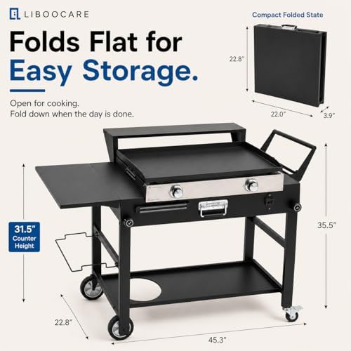Grill Cart for Blackstone 22 Inch Griddle, 31" Tall Foldable Outdoor Griddle Table with Wheels, BBQ Prep Station with Side Shelf, Bar Top Shelf & Lower Storage