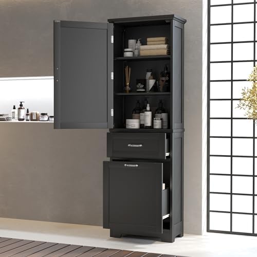 Merax 68.4" Pantry Cabinet with One Door & Two Drawers, Adjustable Shelves Storage Cupboard for Kitchen/Dining Room/Bathroom, Black