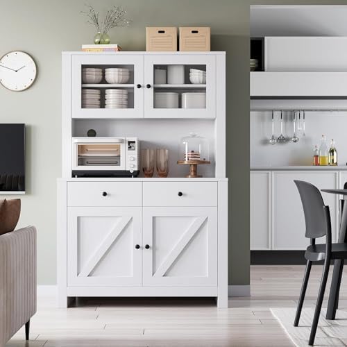 Jojoka 63" Tall Kitchen Pantry Hutch Cabinet with Drawers, Freestanding Storage Cabinet with Microwave Stand, Adjustable Shelves & Tempered Glass Doors for Dining Room Living Room,White