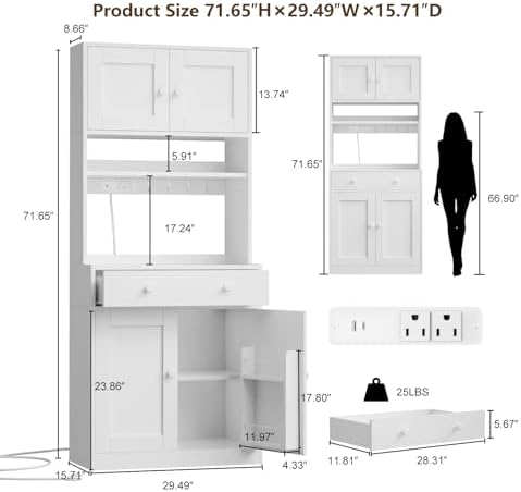 71" Tall Kitchen Pantry Cabinet with Microwave Countertop, LED Lights White