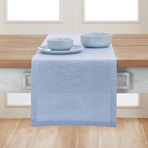 Solino Home 100% Pure Linen Table Runner Chambray Blue, Athena 14 x 72 in