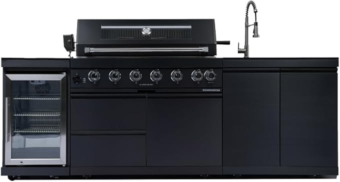 95-Inch Outdoor Kitchen Island Grill - 43” 6-Burner 85000 BTU Propane Gas Grill w/Wine Cooler/Refrigerator, Rotisserie Kit, Granite Countertops, Stainless Steel Sink, 304 Marine Grade SS, Black